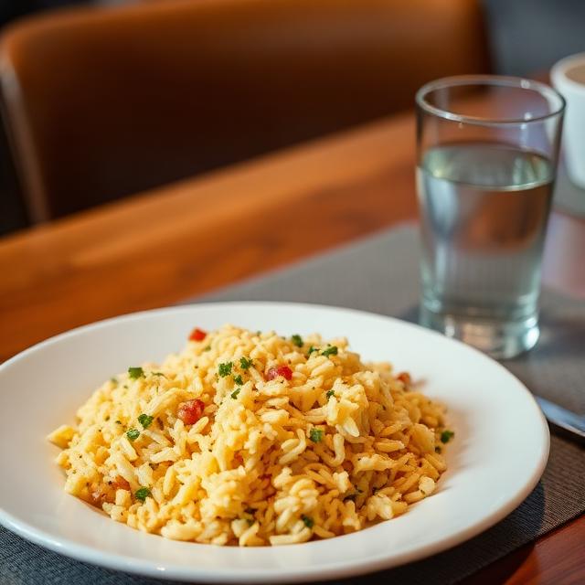 A serving of cooked cheesy rice with a glass of water beside it on a dinning table